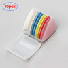 A set of ten colorful pearl head pins for sewing and crafting, displayed in an open plastic container.