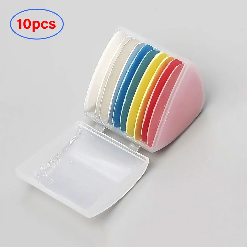 A set of ten colorful pearl head pins for sewing and crafting, displayed in an open plastic container.