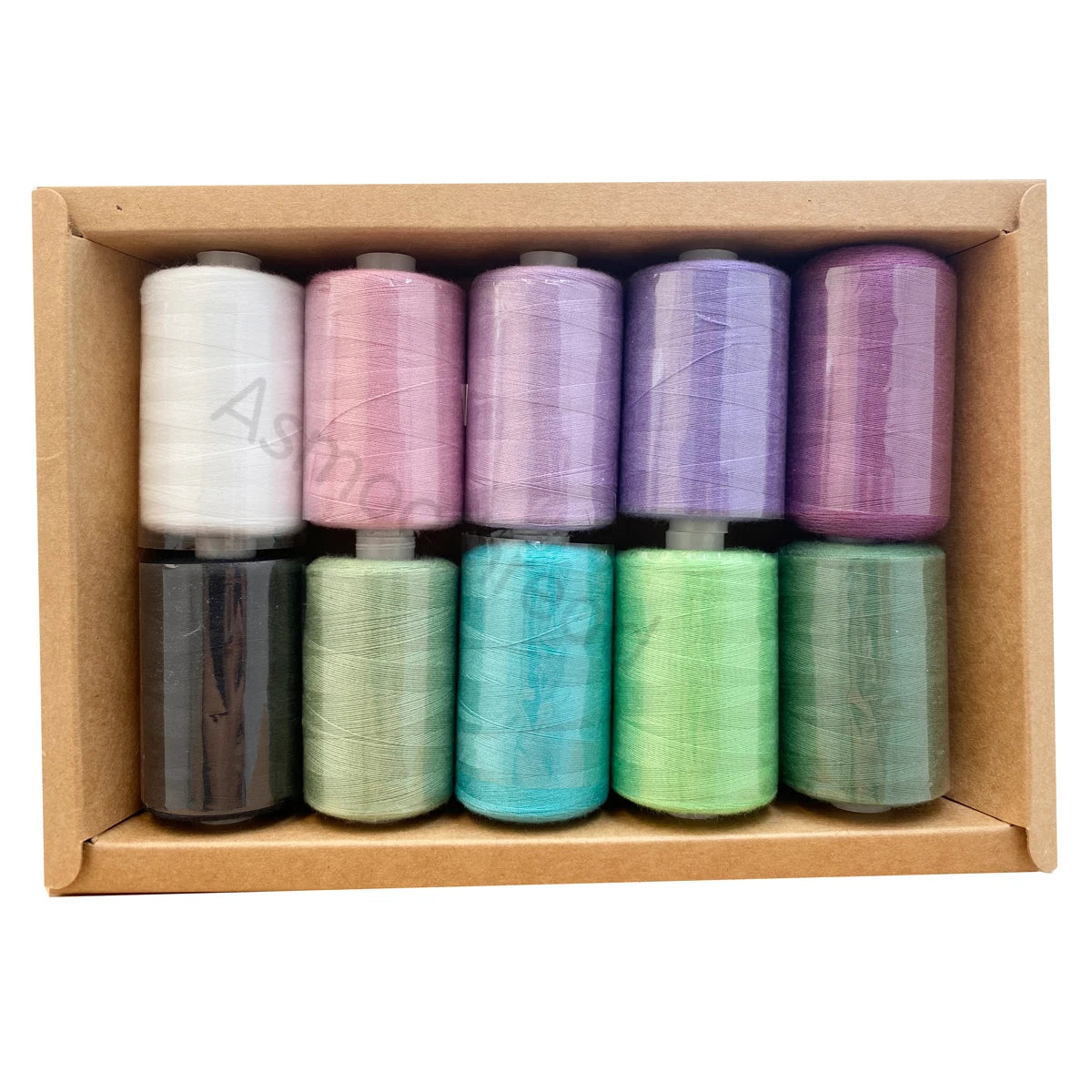 A box containing ten colorful polyester sewing thread spools in various shades of pink, purple, and green.