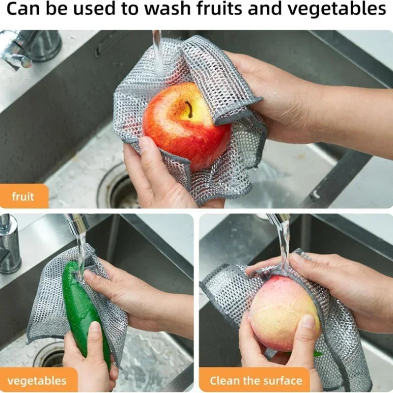 Hands are using thickened double-sided metal scouring dish cloths to wash fruits and vegetables.