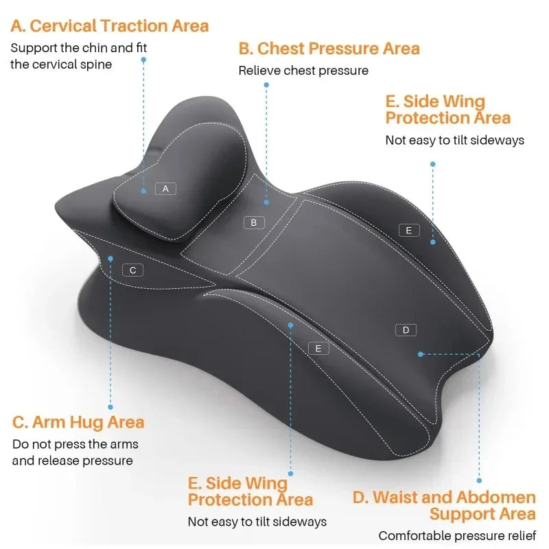 A black memory foam wedge pillow showing various pressure relief areas for the neck, chest, arms, and sides.