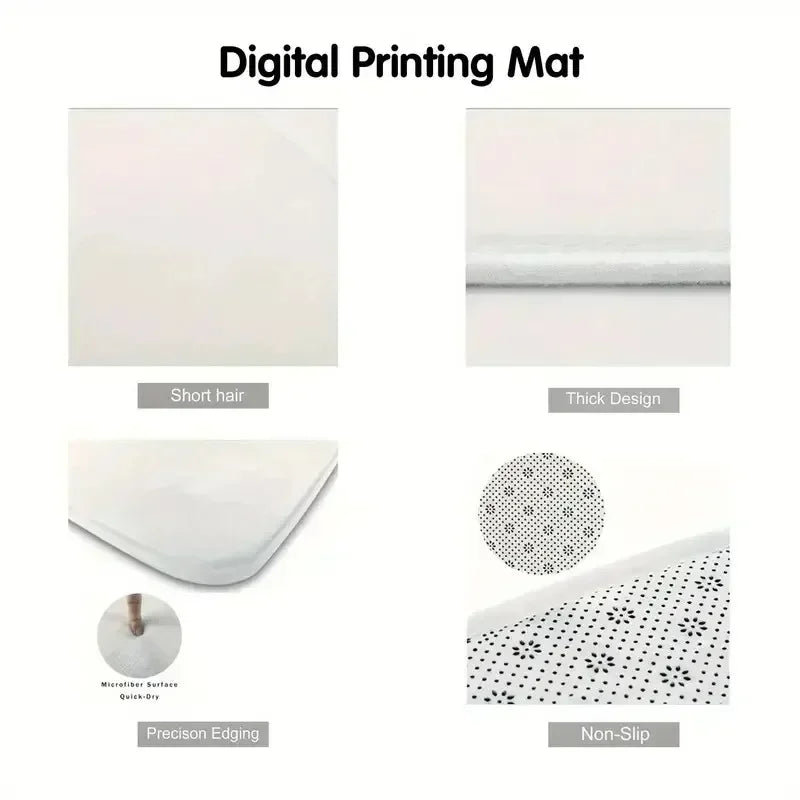 Digital printing mat showing various designs including short hair, thick design, precision edging, and non-slip patterns