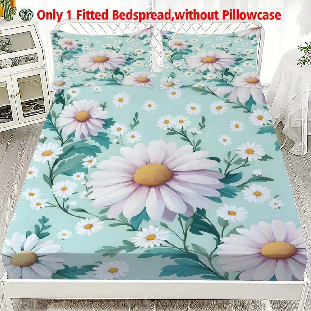 A fitted bedspread with a white floral print featuring daisies and greenery on a teal background.