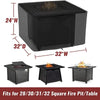 A black waterproof fire pit cover with a drawstring, shown in various sizes and configurations.