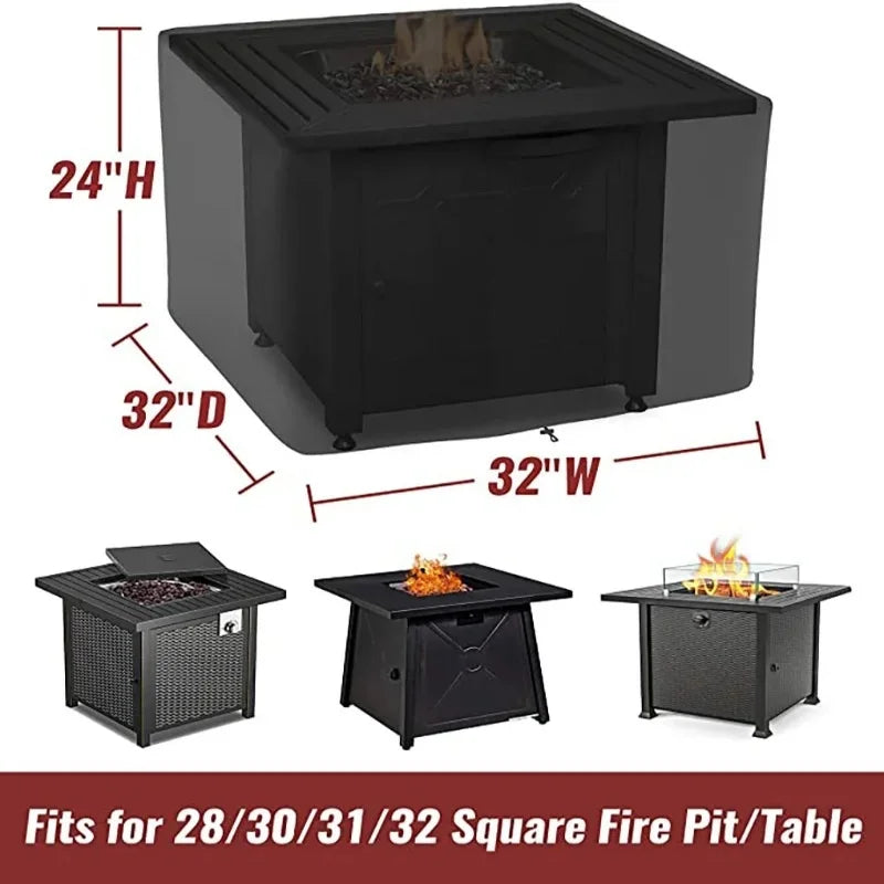 A black waterproof fire pit cover with a drawstring, shown in various sizes and configurations.
