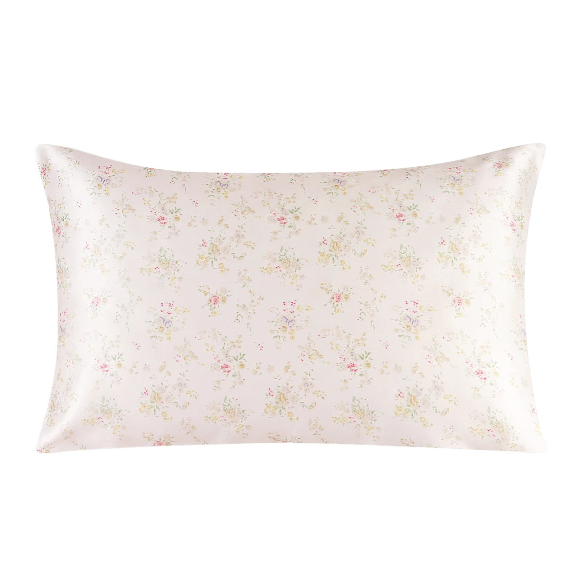 A square silk pillowcase with a pale pink background and a delicate floral print.