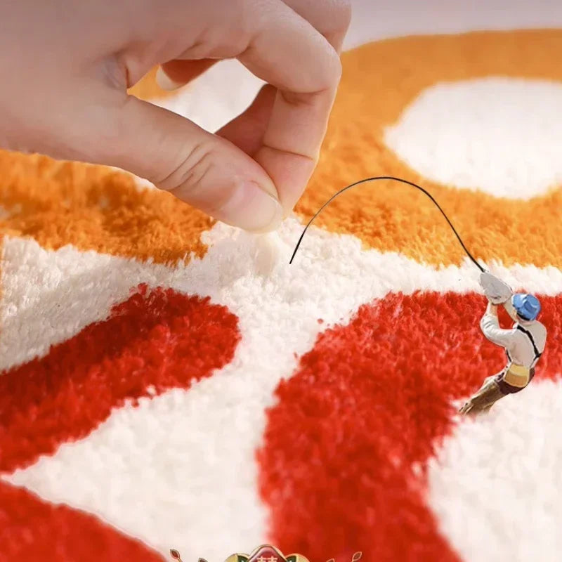A hand is interacting with an irregular shaped plush floor rug featuring orange, white, and red patterns.