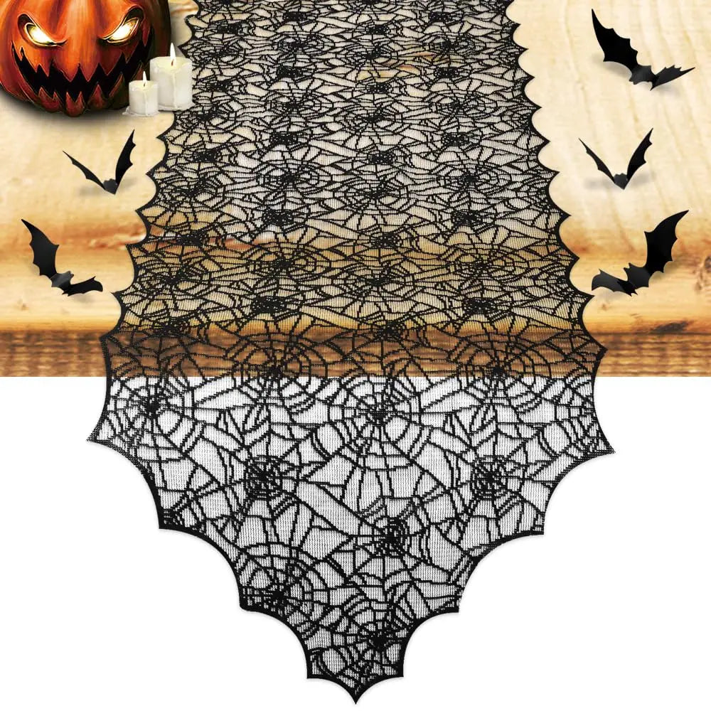Black lace spider web table runner with bats and Halloween theme