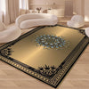 A beige geometric area rug with intricate black and blue floral patterns in a modern style.