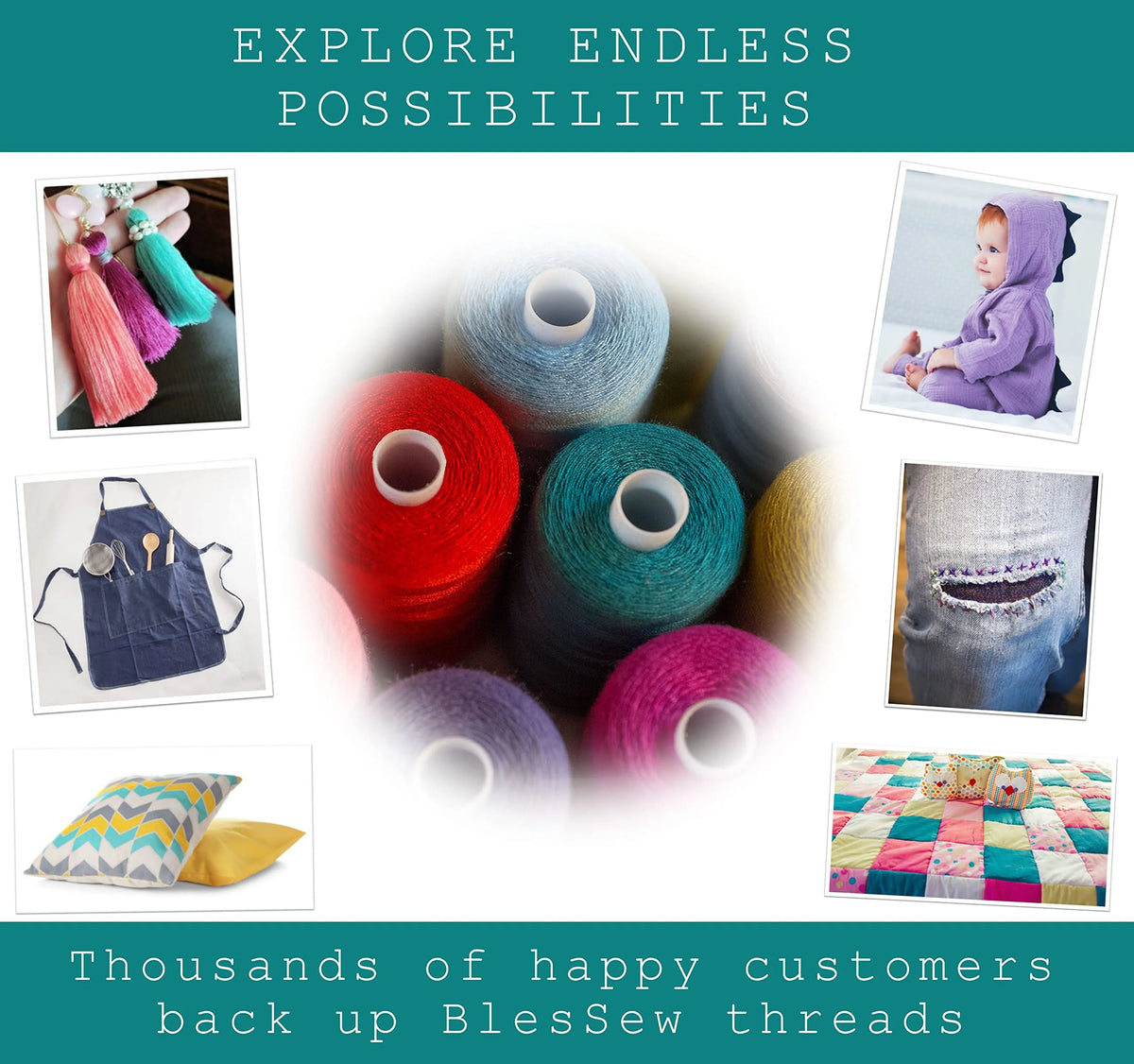 A collection of colorful polyester thread spools in various shades and colors for sewing and quilting projects.