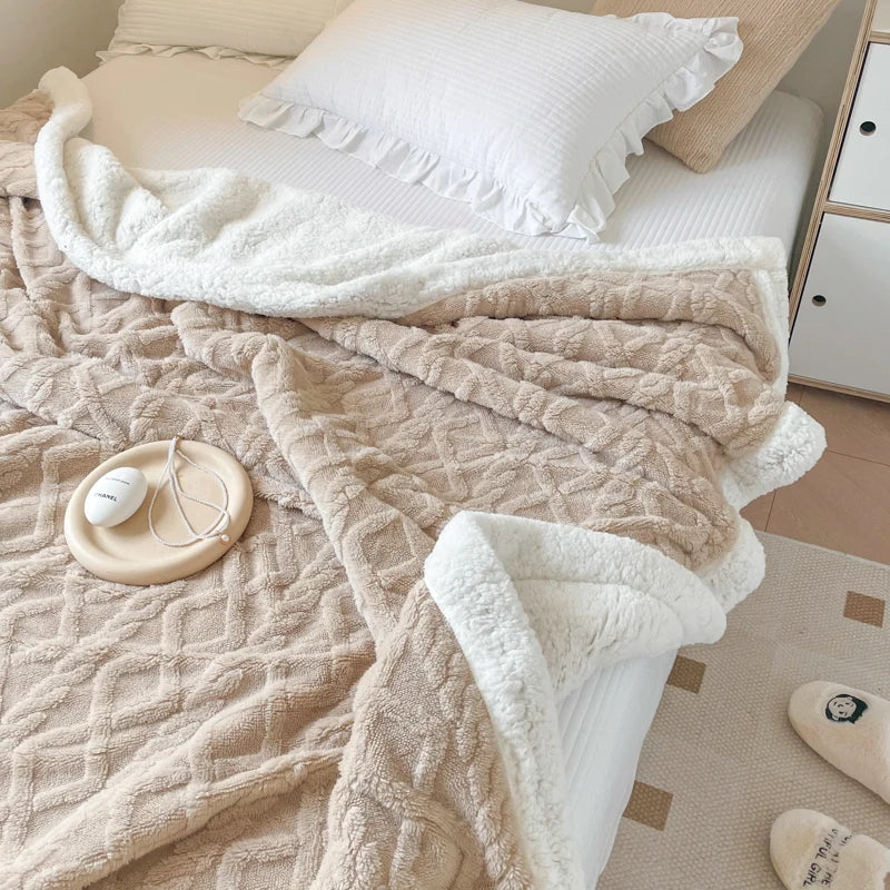 A beige thick fleece blanket draped over a white bed with a white pillow and a small white spherical object.