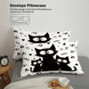 A pillowcase featuring a black cat print design, showing the envelope style for easy insertion and removal.