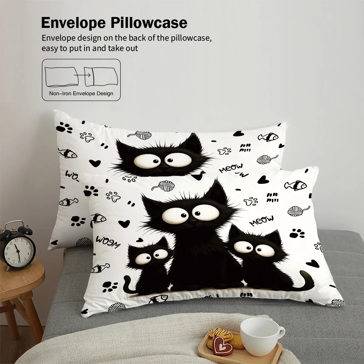 A pillowcase featuring a black cat print design, showing the envelope style for easy insertion and removal.