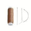 A spool of brown hair extension weft threads with accompanying tools like tweezers and a needle.