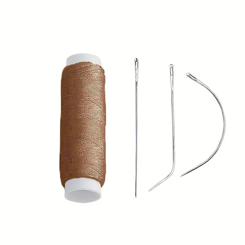 A spool of brown hair extension weft threads with accompanying tools like tweezers and a needle.