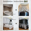 Installation instructions showing how to set up an elegant mosquito net bed canopy for sleeping.