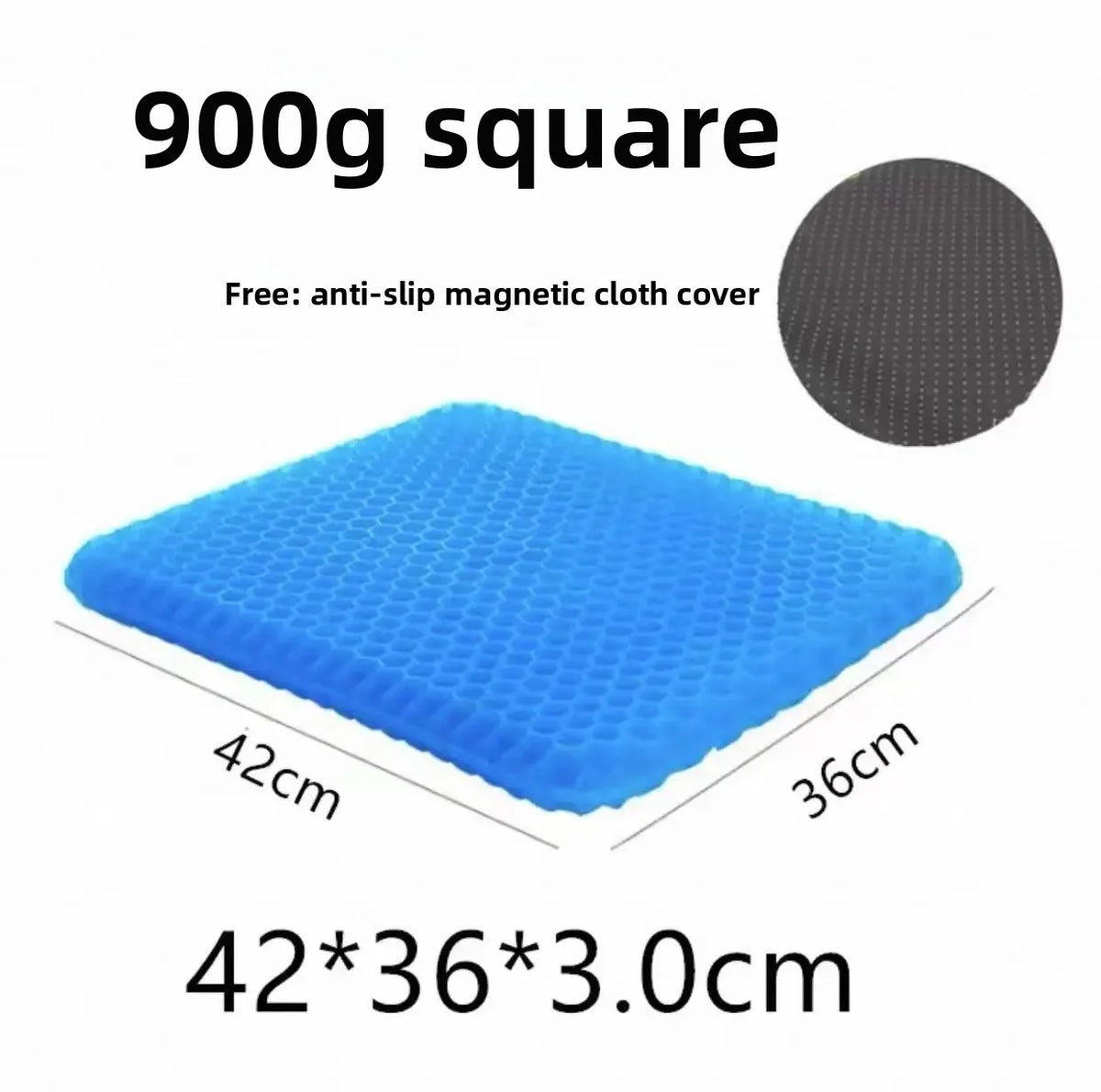A blue, square cooling seat cushion measuring 42x36x3.0cm with an anti-slip magnetic cloth cover.