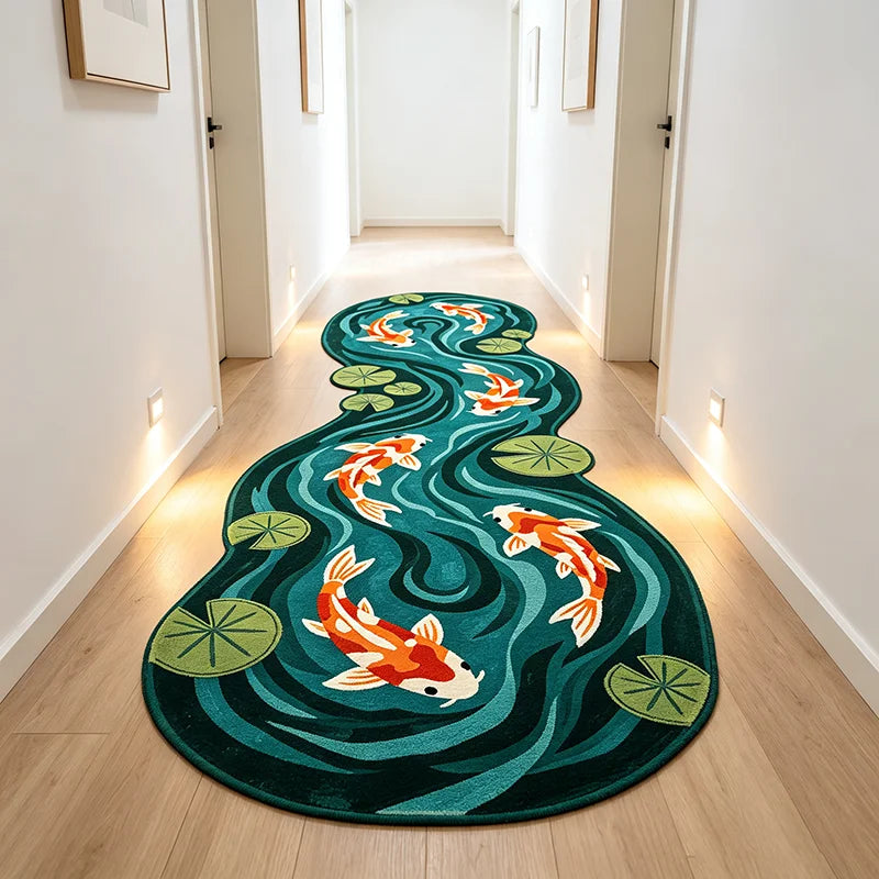 A plush rug featuring an artistic design of koi fish and lotus leaves in shades of teal, orange, and green.