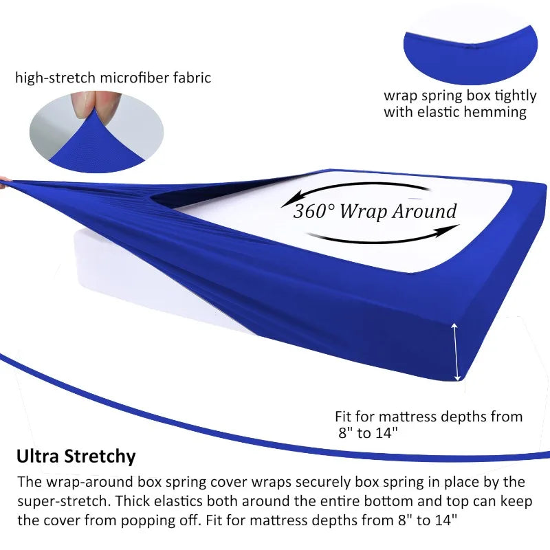 Blue high-stretch fabric wrap-around box spring cover designed to fit mattress depths from 8 to 14 inches.