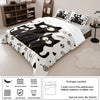 A black and white cat print bedding set featuring a duvet cover and two pillowcases.