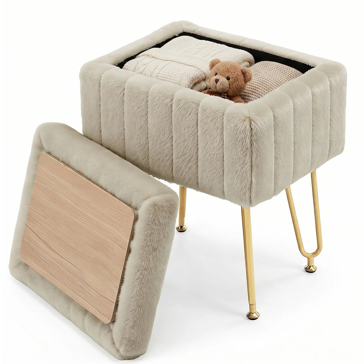 A beige faux fur ottoman with a removable lid and metal legs, featuring a stuffed animal inside.