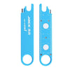 A blue 3-in-1 sewing machine needle threader with a magnifier and ruler.