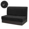 Black water repellent stretch sofa and chair covers with a circular textured pad.