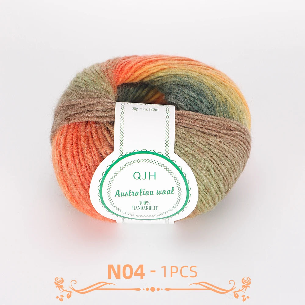 A ball of multi-colored wool yarn with shades of orange, green, and brown.