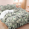 A bed with a duvet and pillowcases featuring a pattern of US hundred dollar bills.