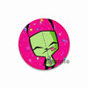 A pink enamel pin featuring a green, stylized face with pink stars around the edges.
