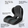 A black ergonomic memory foam lumbar support cushion showing its features and use.