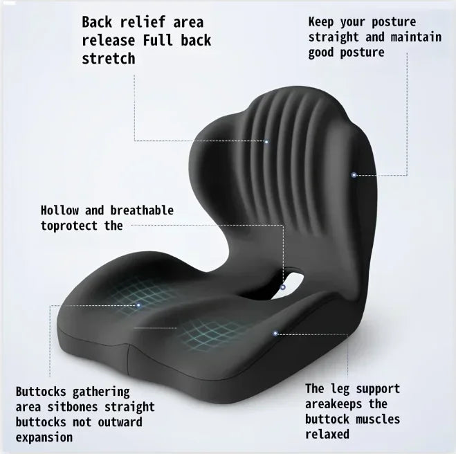 A black ergonomic memory foam lumbar support cushion showing its features and use.
