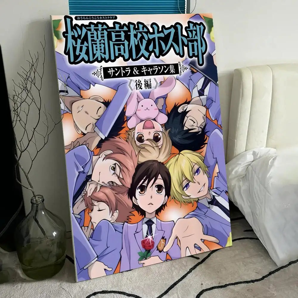 A vertical poster featuring anime characters from Ouran High School Host Club in purple and orange tones.