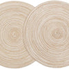 A set of six round, beige braided placemats with concentric circular patterns.