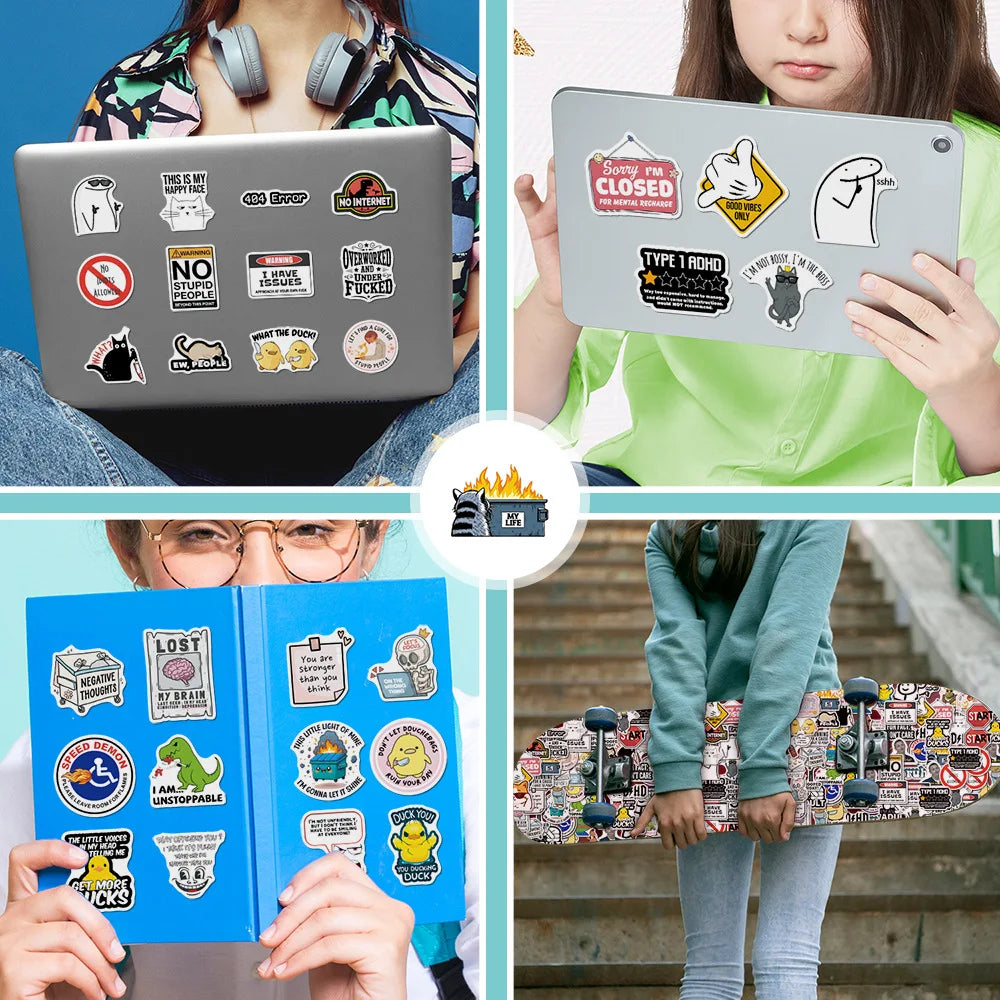 A collage showing funny meme decals applied to a laptop, a tablet, and a notebook.