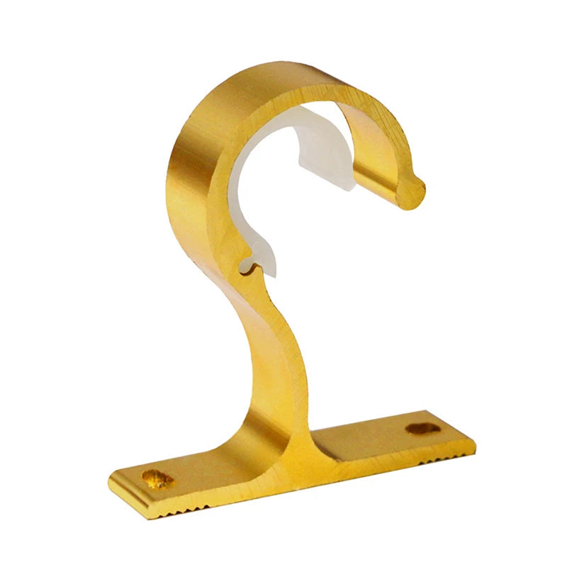 A brass heavy-duty curtain rod bracket with a curved hook and a flat mounting plate.