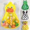 A yellow cartoon duck mesh bath toy organizer with adhesive hooks, holding various small toys.
