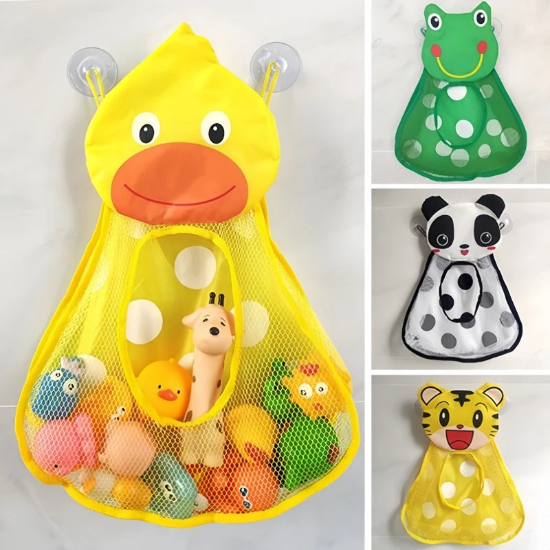 A yellow cartoon duck mesh bath toy organizer with adhesive hooks, holding various small toys.