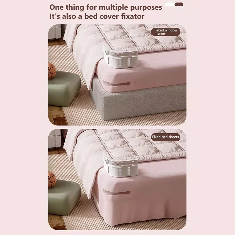 A pink bed cover with fixed window frame and fixed bed sheets shown on a light wooden floor.