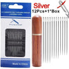 Silver 12 piece set of self-threading sewing needles in a box with a wooden handle
