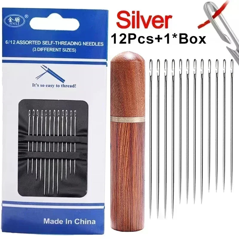 Silver 12 piece set of self-threading sewing needles in a box with a wooden handle