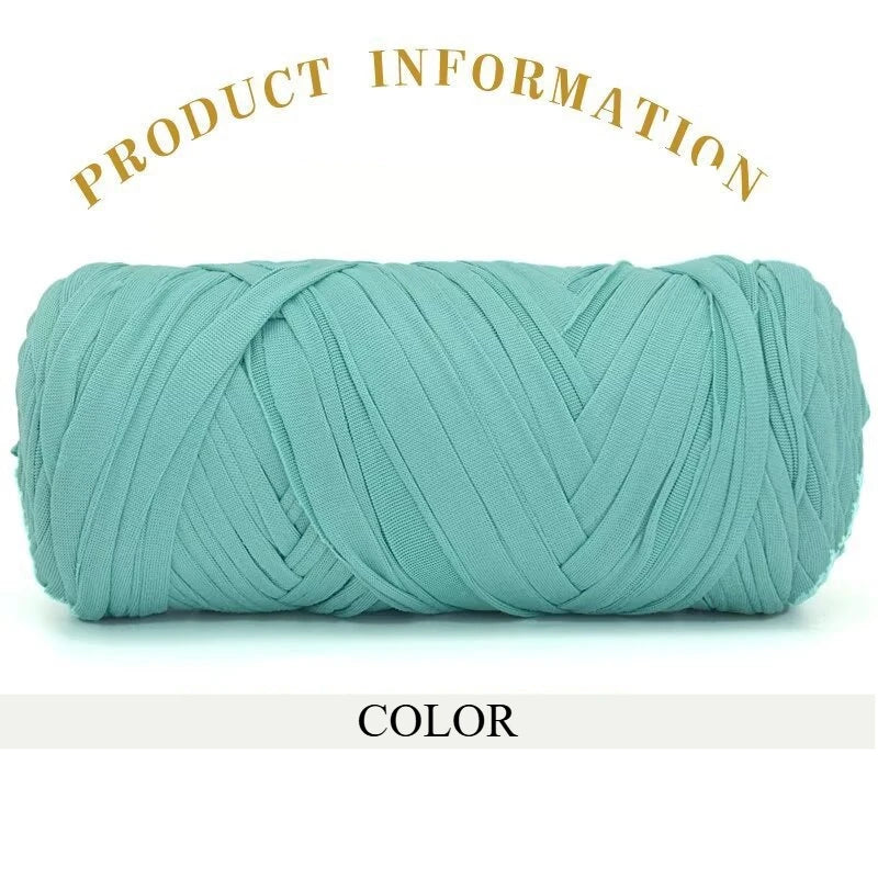 A skein of teal green thick polyester blended yarn is shown rolled up against a white background.