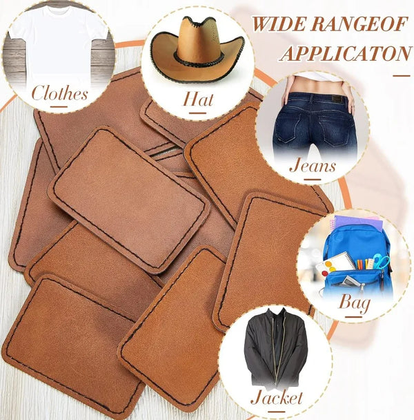 A collection of brown leatherette patches and a cowboy hat are shown with examples of application on clothes, jeans, bags, an