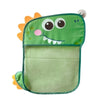 A green mesh storage bag shaped like a smiling dinosaur with large eyes and teeth.