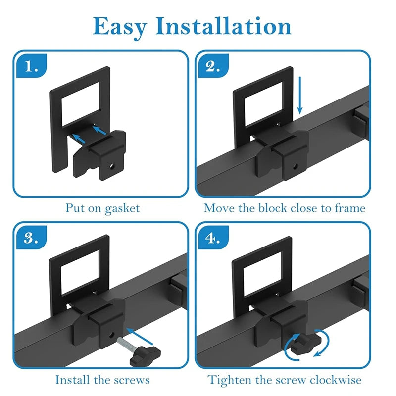 Instructions showing how to easily install extra-thick mattress slide stoppers onto a bed frame.