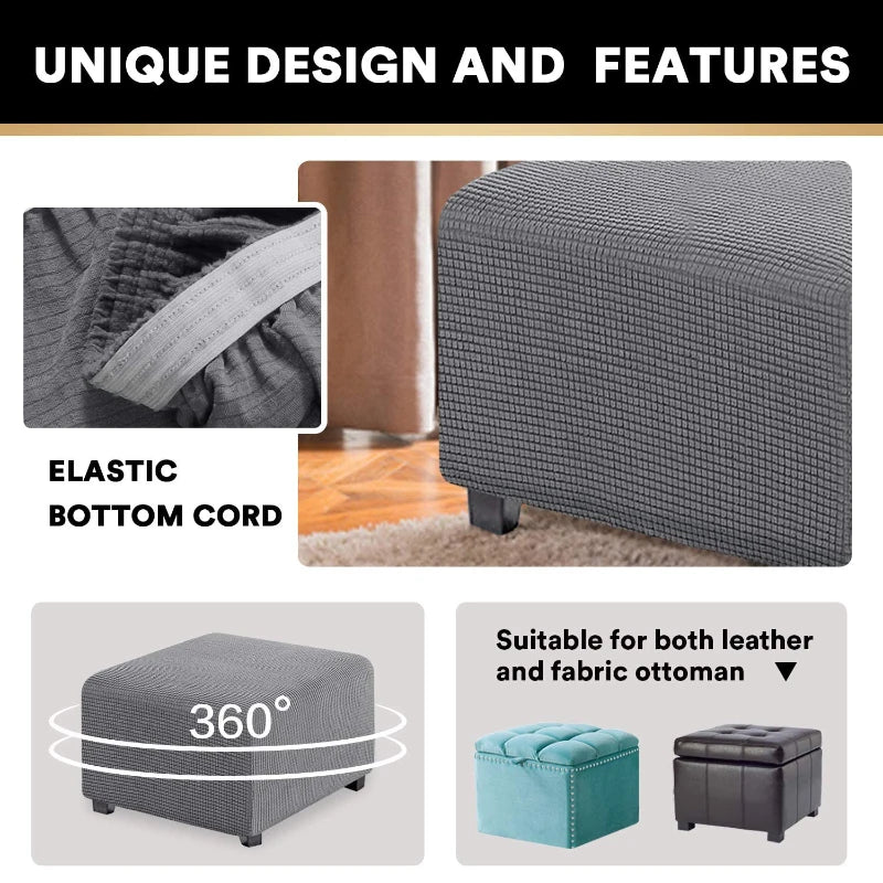Gray square ottoman slipcover with an elastic bottom cord and suitable for leather and fabric ottomans