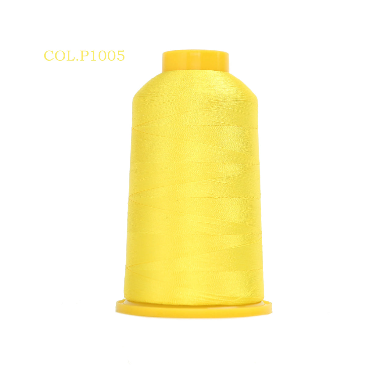 A spool of yellow high tenacity polyester embroidery thread labeled COL.P1005