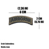 An embroidered tactical patch with the word AIRBORNE, measuring 2.36 inches by 6 cm.