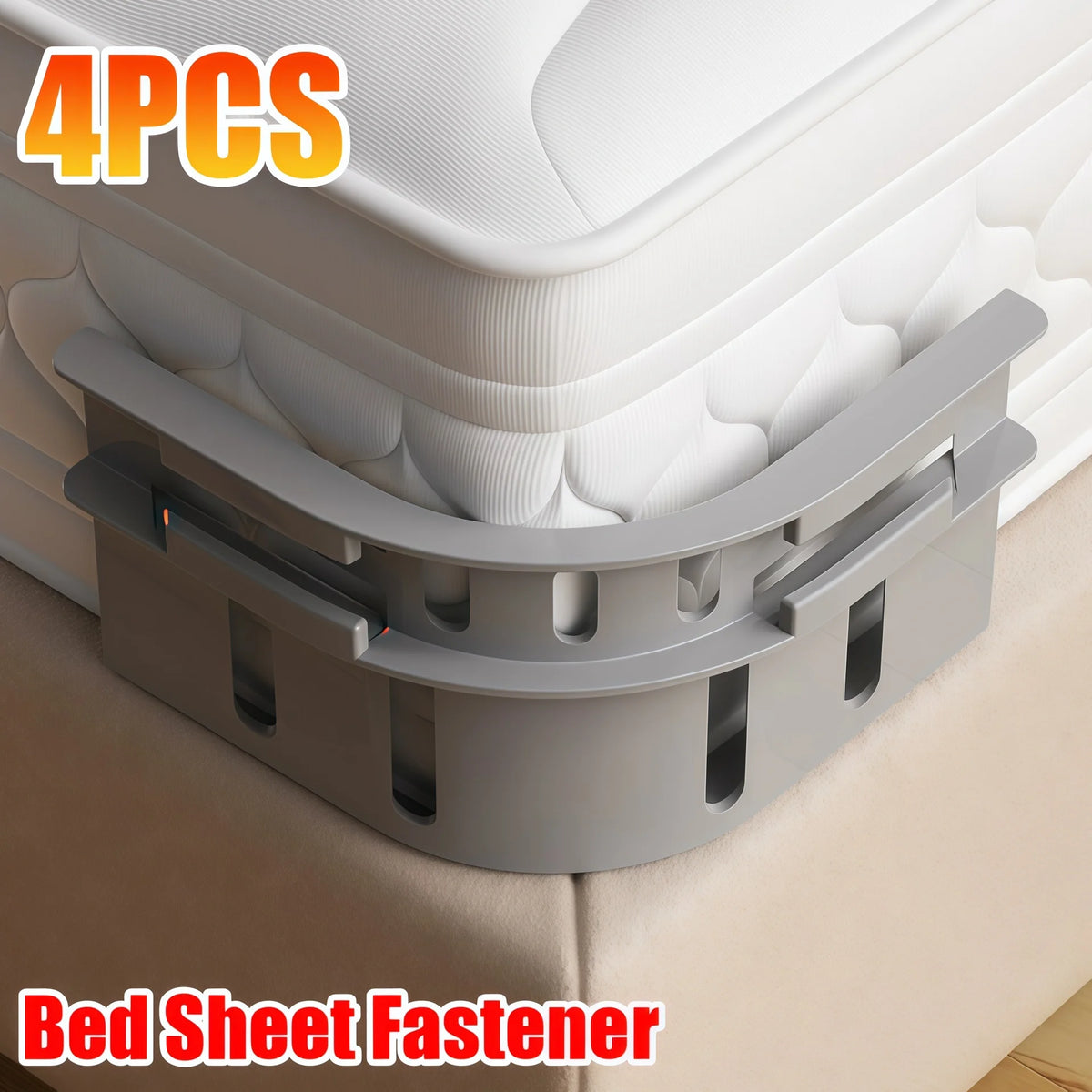 Four invisible bed sheet fasteners used to secure bedding.