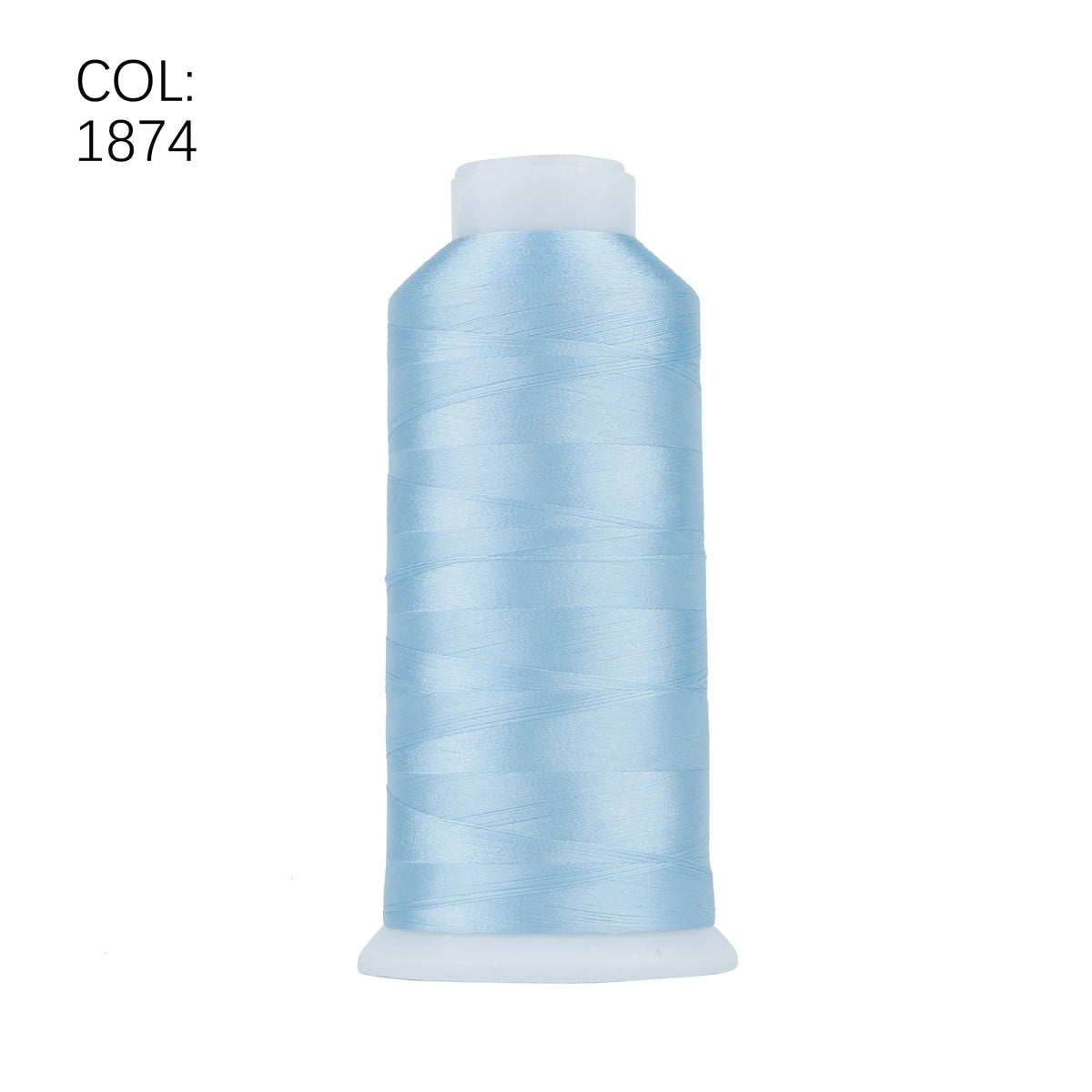 A spool of light blue embroidery thread labeled COL: 1874.